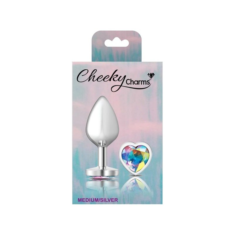 Cheeky Charms Silver Metal Butt Plug w Heart Clear Jewel Medium - Adult Toys