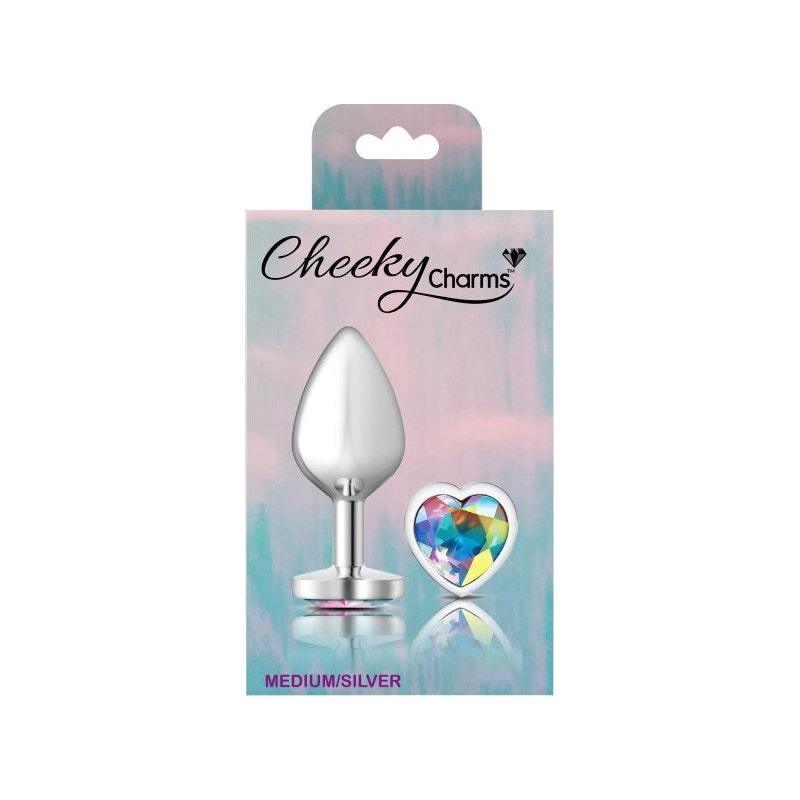 Cheeky Charms Silver Metal Butt Plug w Heart Clear Jewel Medium - Naughty by Nature Adult Store
