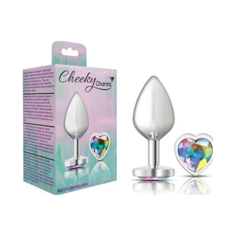 Cheeky Charms Silver Metal Butt Plug w Heart Clear Jewel Medium - Naughty by Nature Adult Store