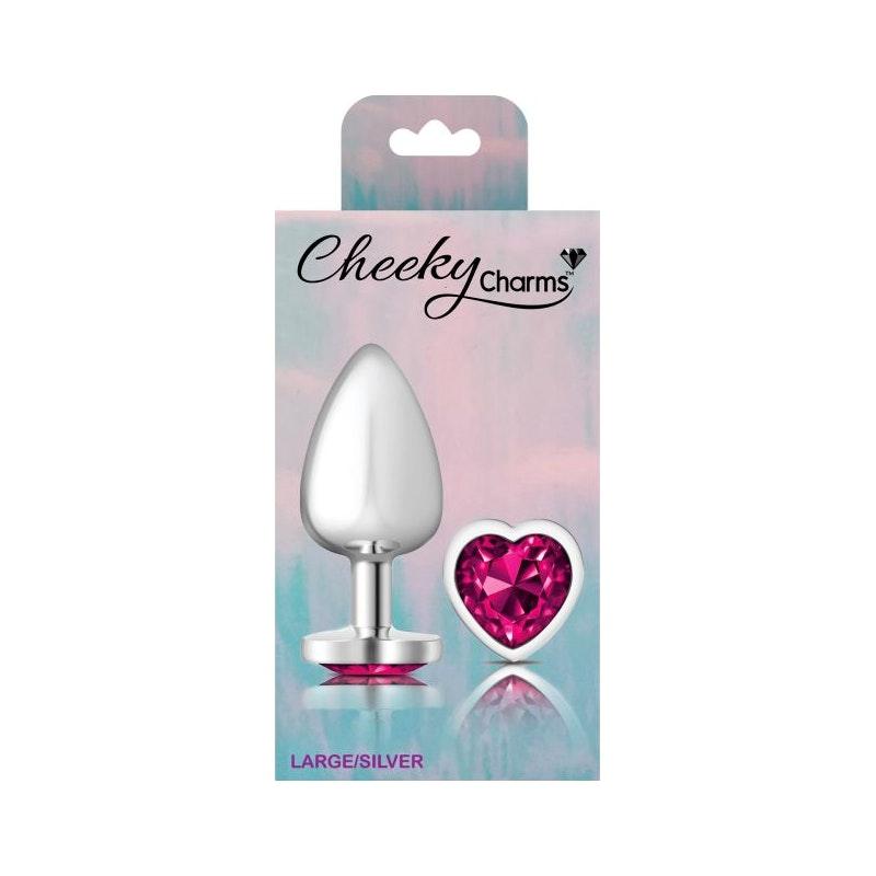 Cheeky Charms Silver Metal Butt Plug w Heart Pink Jewel Large - Naughty by Nature Adult Store