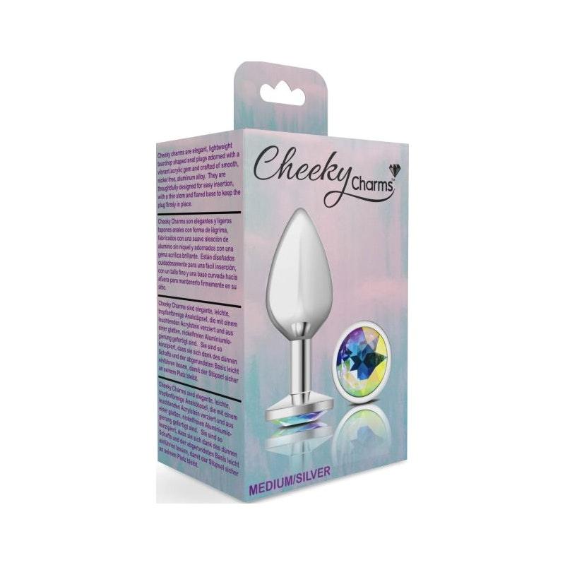 Cheeky Charms Silver Round Butt Plug w Clear Iridescent Jewel Large - Adult Toys