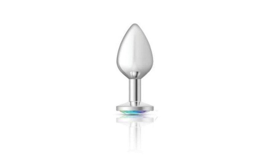 Cheeky Charms Silver Round Butt Plug w Clear Iridescent Jewel Large - Adult Toys