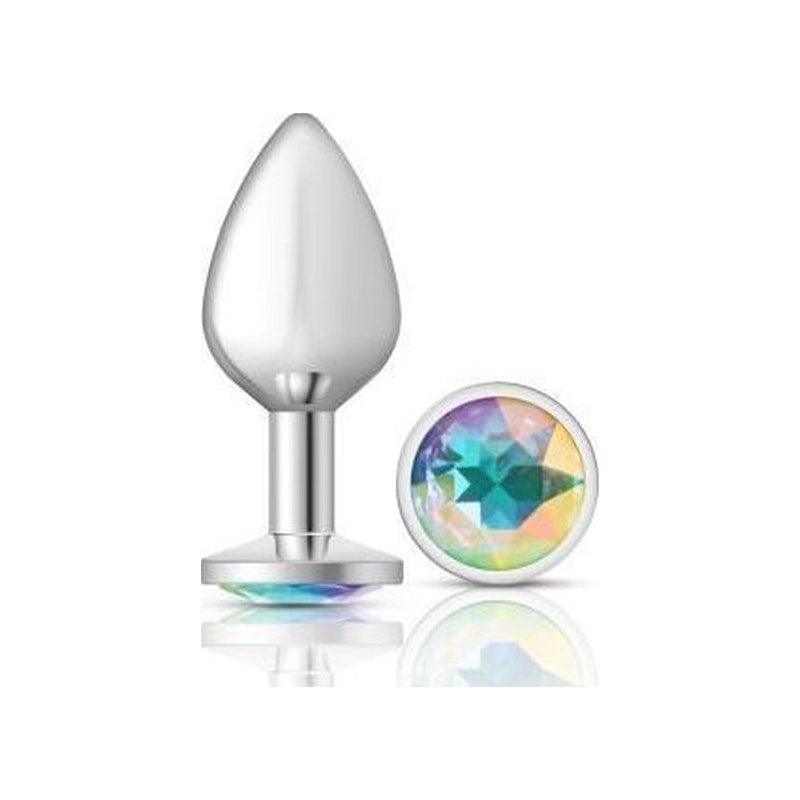 Cheeky Charms Silver Round Butt Plug w Clear Iridescent Jewel Large - Naughty by Nature Adult Store