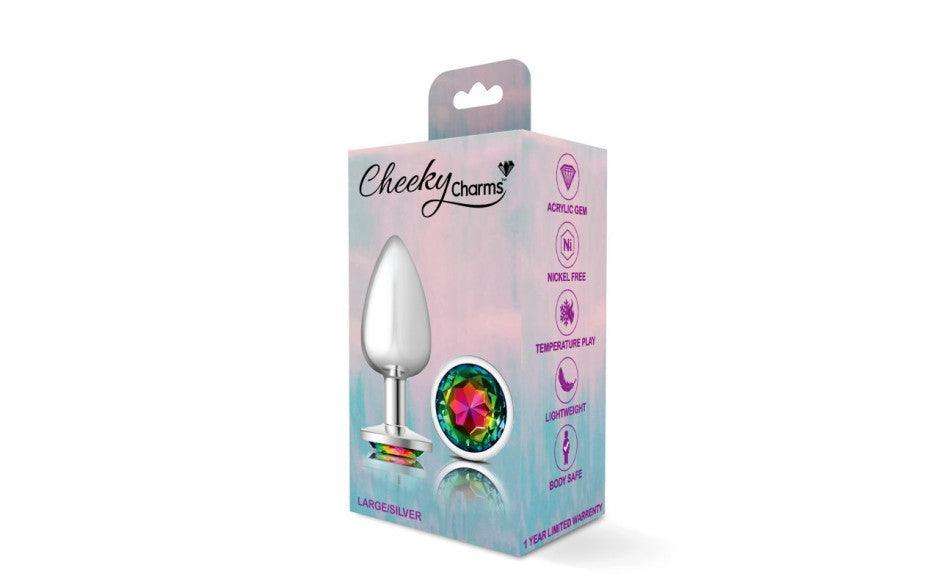Cheeky Charms Silver Round Butt Plug w Rainbow Jewel Large - Adult Toys