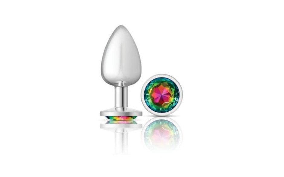 Cheeky Charms Silver Round Butt Plug w Rainbow Jewel Large - Adult Toys