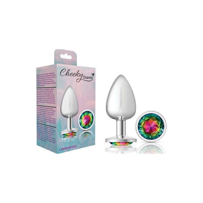 Cheeky Charms Silver Round Butt Plug w Rainbow Jewel Large - Adult Toys