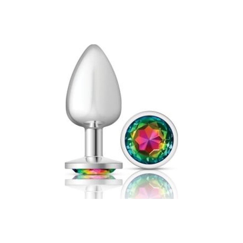 Cheeky Charms Silver Round Butt Plug w Rainbow Jewel Large - Adult Toys