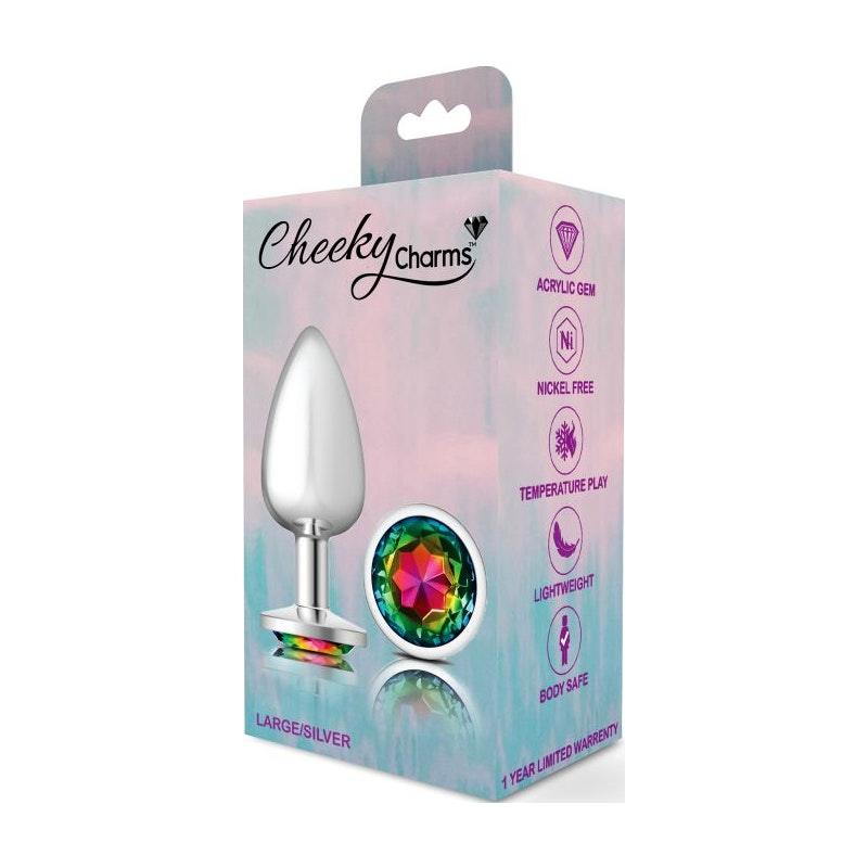 Cheeky Charms Silver Round Butt Plug w Rainbow Jewel Large - Adult Toys