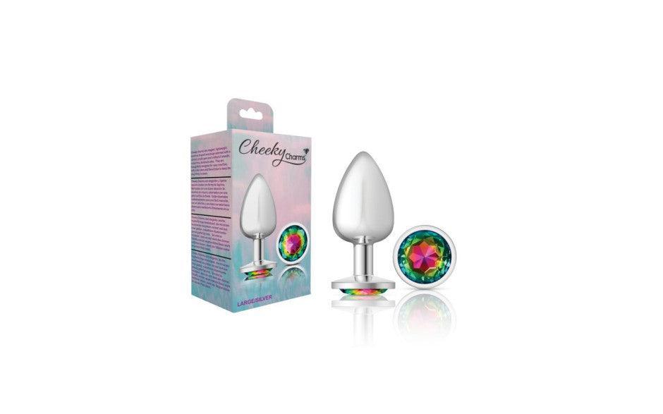 Cheeky Charms Silver Round Butt Plug w Rainbow Jewel Large - Adult Toys