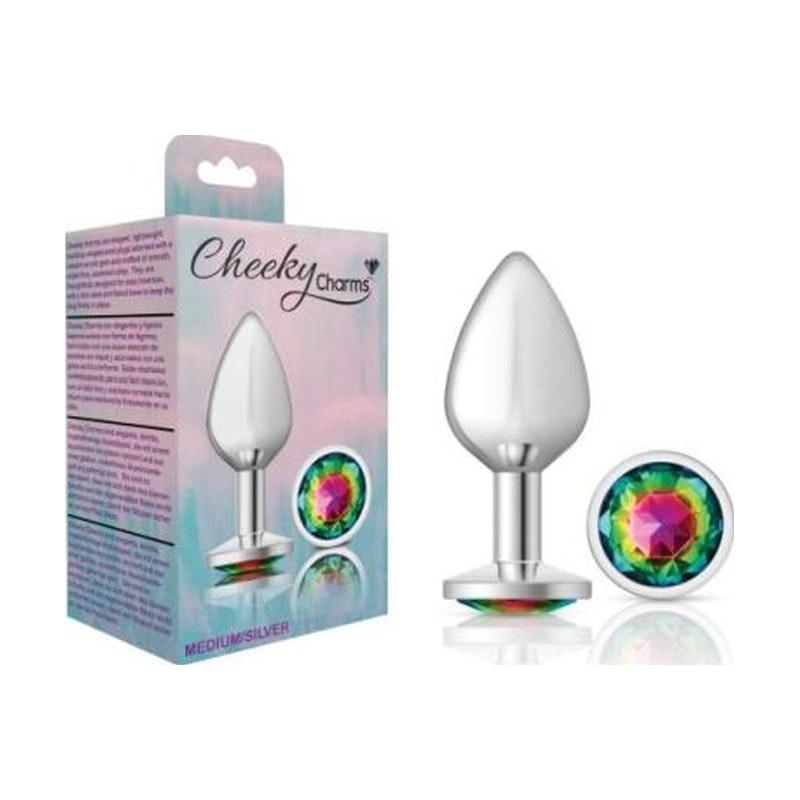 Cheeky Charms Silver Round Butt Plug w Rainbow Jewel Medium - Adult Toys