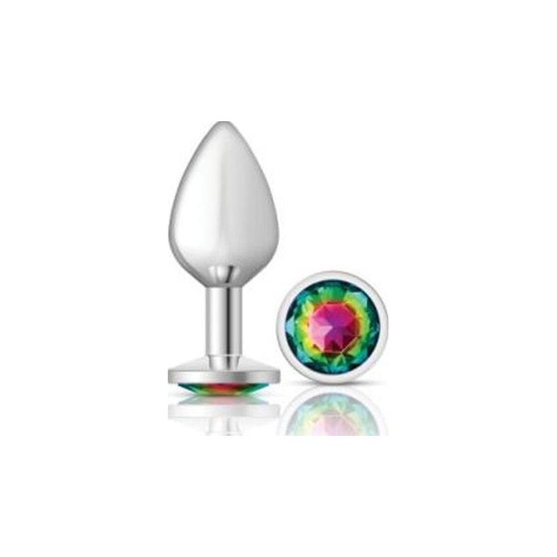 Cheeky Charms Silver Round Butt Plug w Rainbow Jewel Medium - Adult Toys