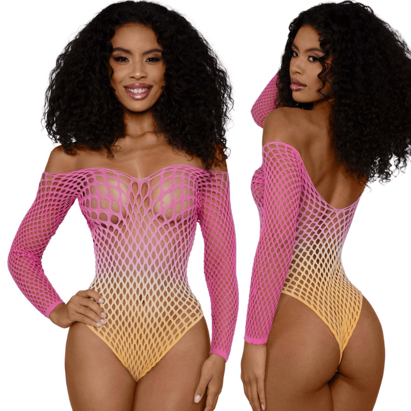 DreamGirl Fishnet Off The Shoulder Ombre Bodysuit - Lingerie