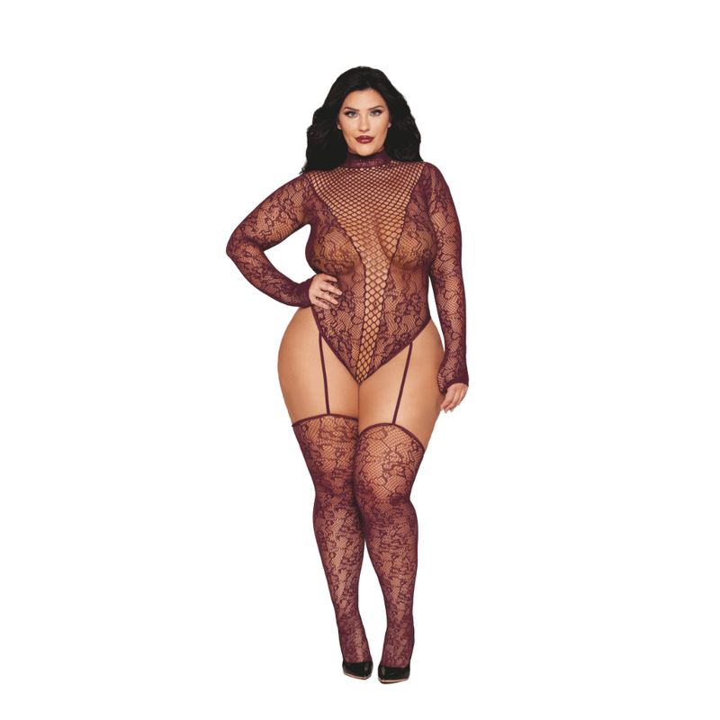 Dreamgirl Teddy Body Stocking Burgundy - Lingerie