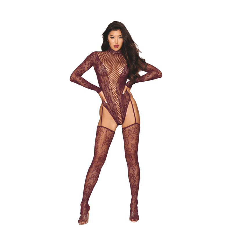 Dreamgirl Teddy Body Stocking Burgundy - Lingerie