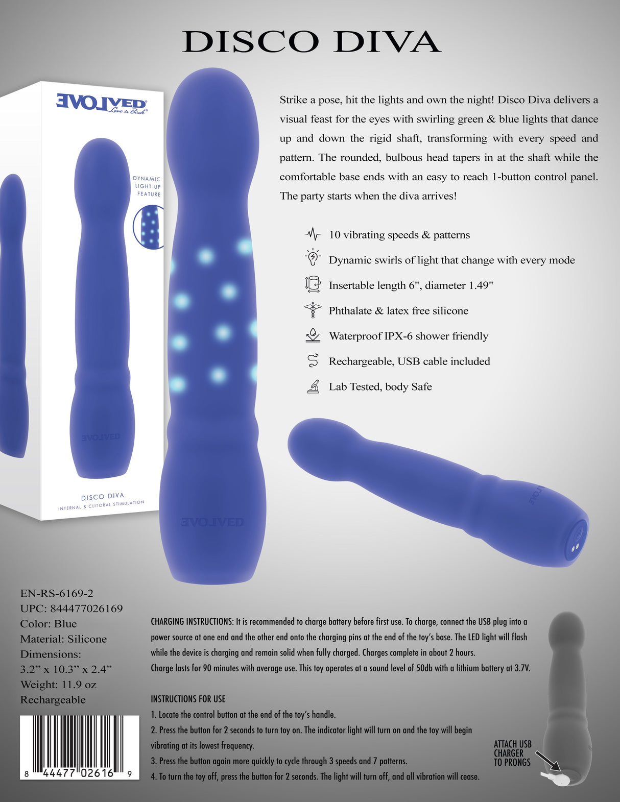 Evolved Disco Diva Blue Rechargeable Light Up Vibrator - VIBRATORS