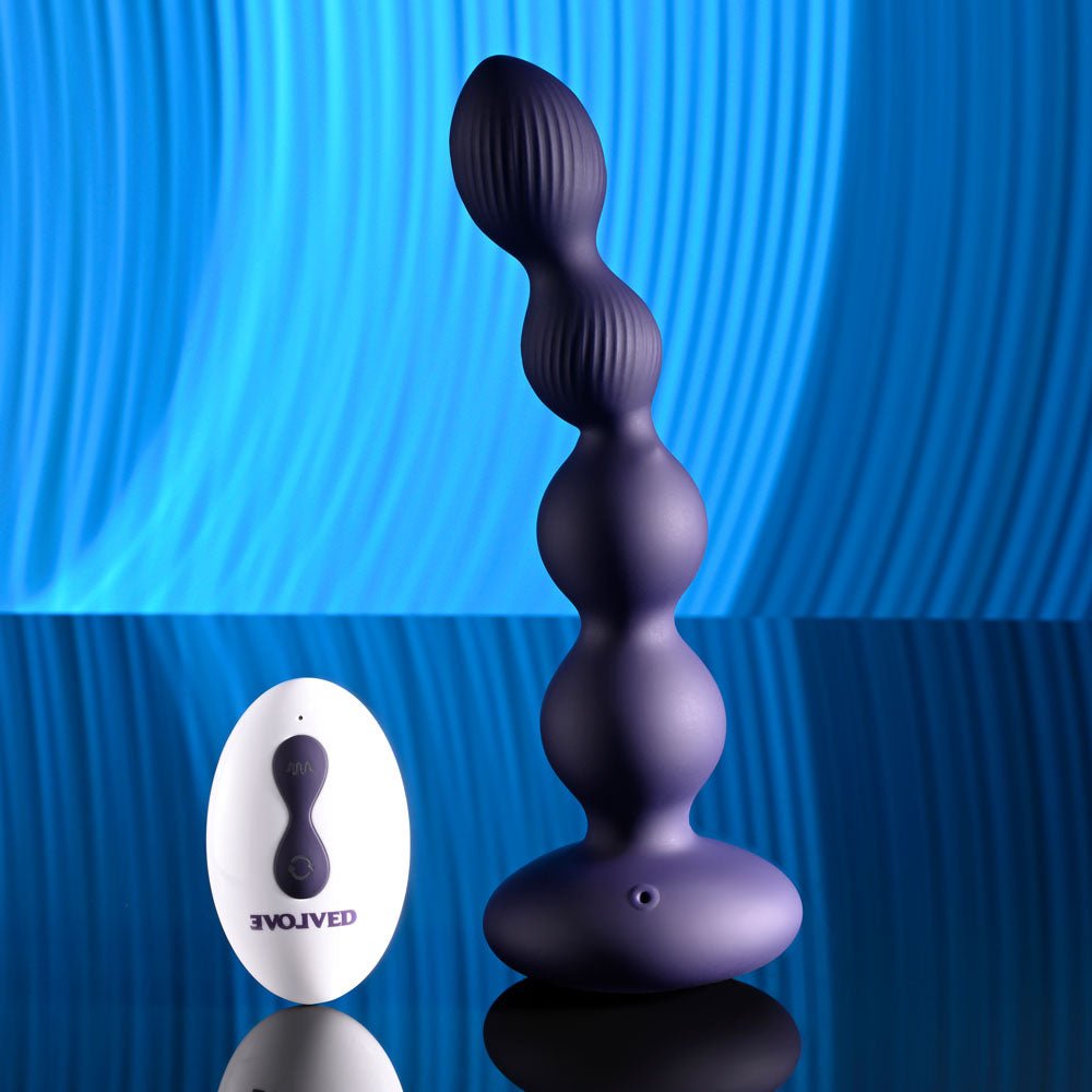 Evolved PLEASURE ORBIT - Navy Blue 17.8 cm USB Rechargeable Twirling & Vibrating Anal Beads with Remote - Anal Toys