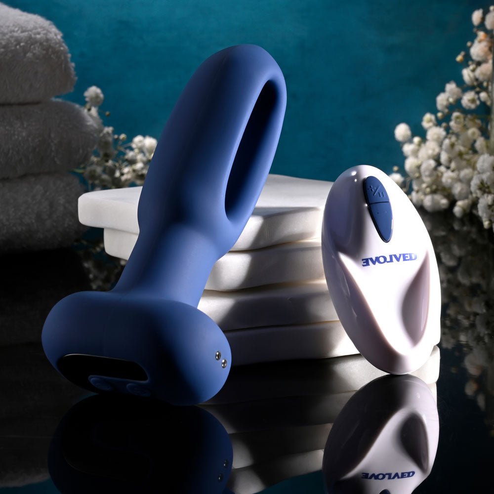 Evolved THE FLAPPER - Blue 14 cm USB Rechargeable Vibrating and Flapping Butt Plug with Remote - Anal Toys