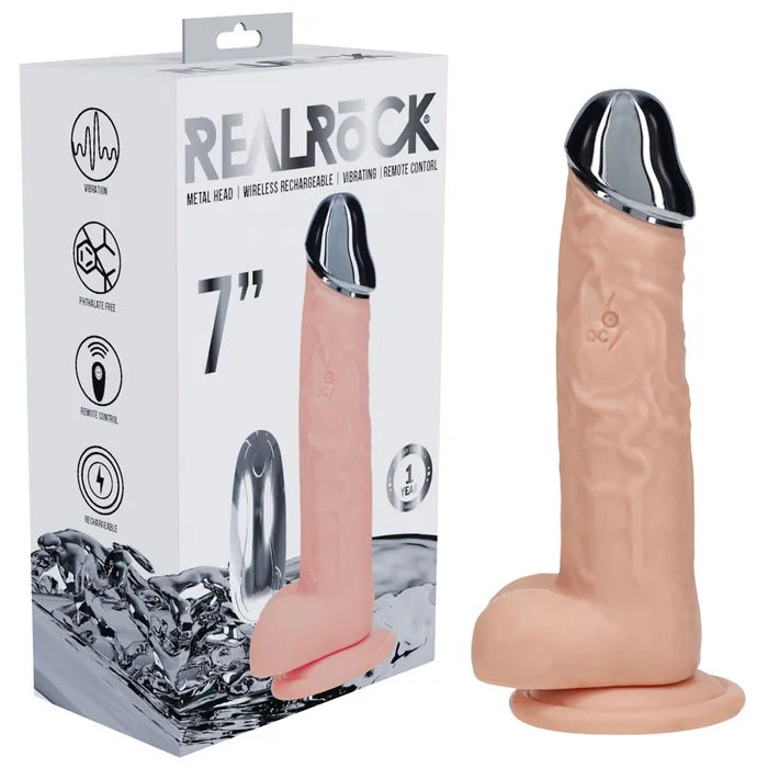 RealRock Metal Head 7 Inch Flesh Dildo Vibrating With Remote