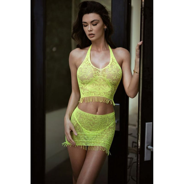 Eyelash Lace 3 Pc Crop, Skirt and Thong Neon Yellow - Lingerie