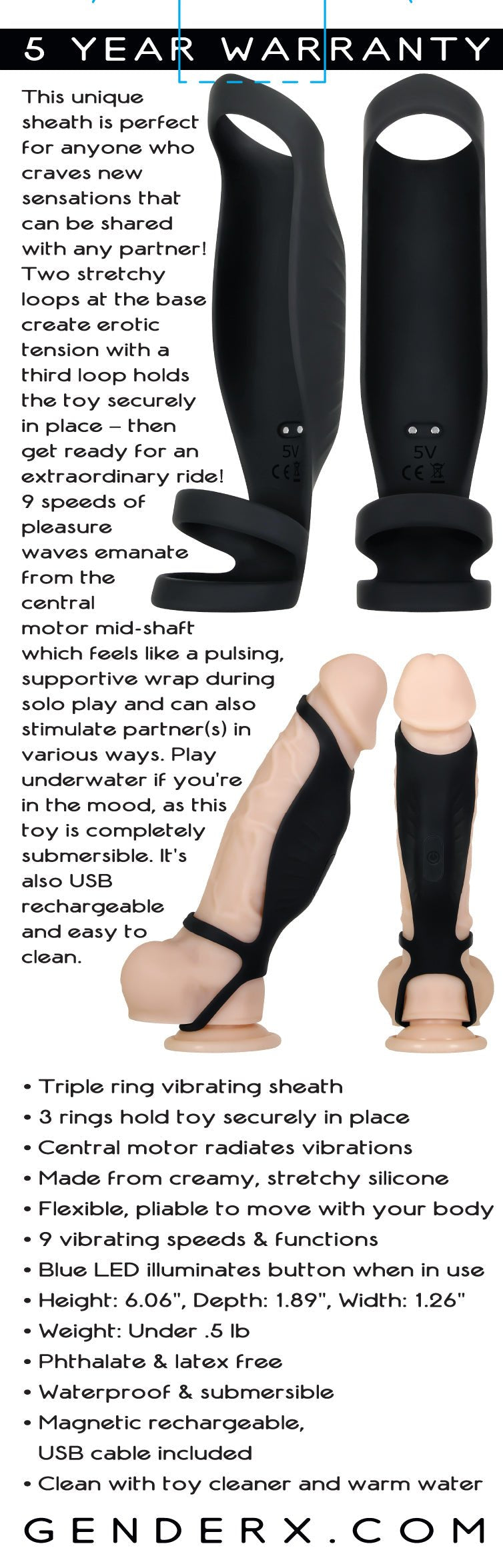 Gender X ROCKETEER - Black USB Rechargeable Vibrating Penis Sleeve - SLEEVES
