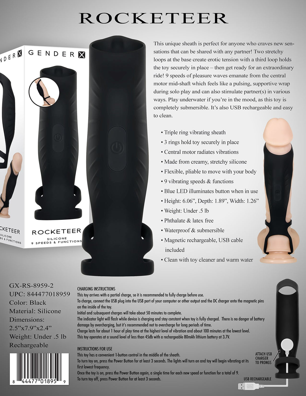 Gender X ROCKETEER - Black USB Rechargeable Vibrating Penis Sleeve - SLEEVES