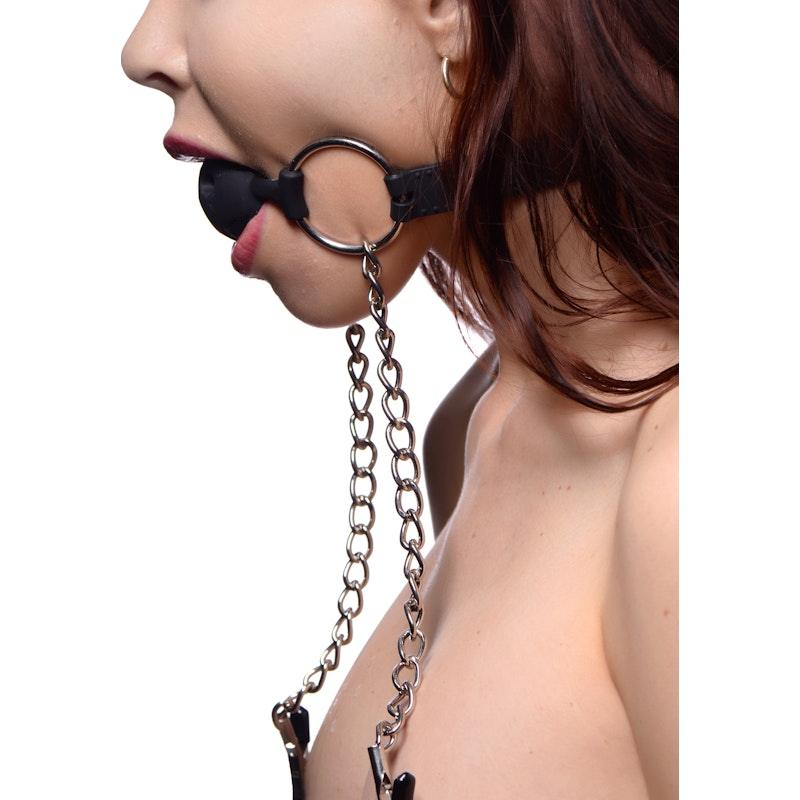 Hinder Breathable Silicone Ball Gag With Nipple Clamps - Adult Toys