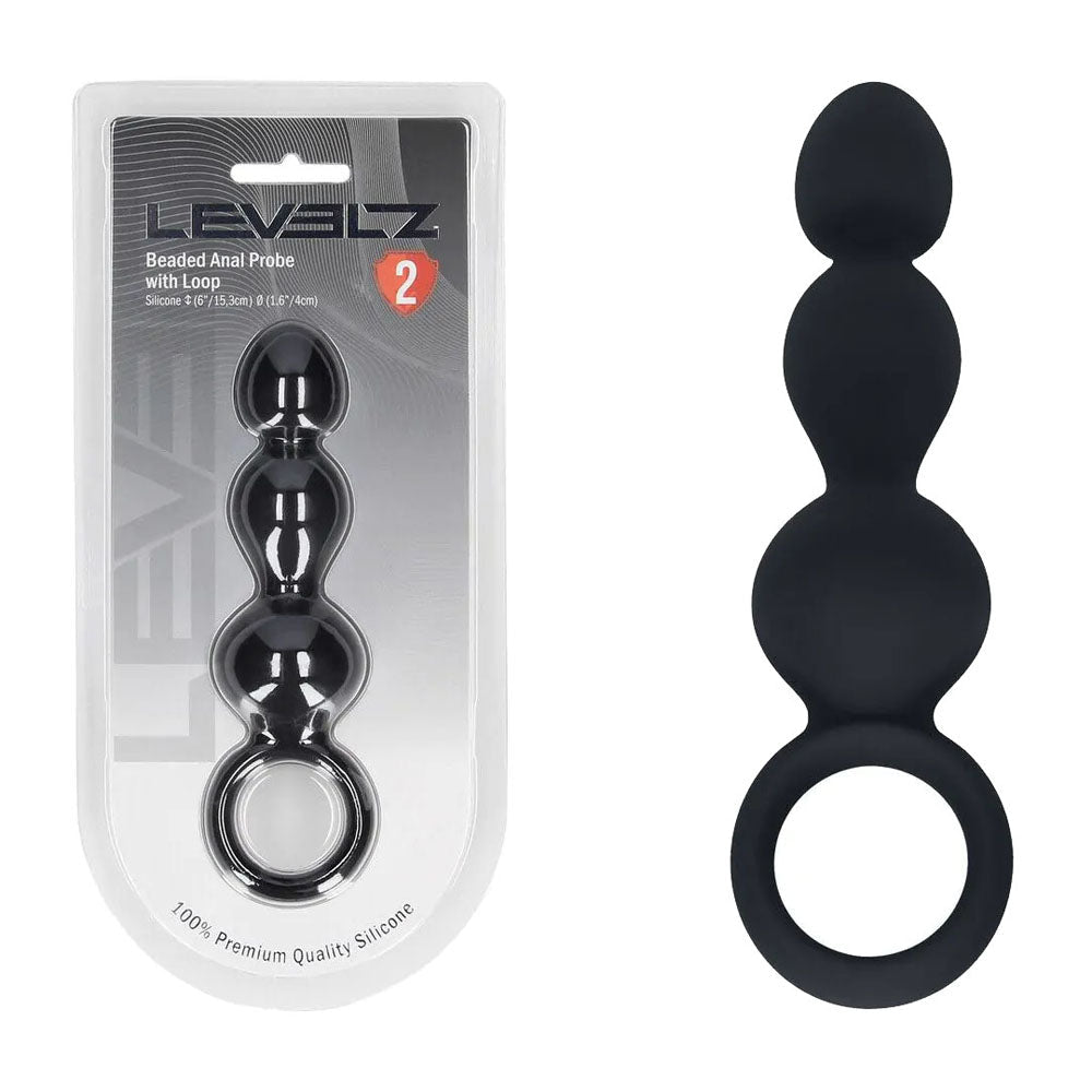 LEVELZ Beaded Silicone Anal Probe With Loop Black 15.3cm - ANAL TOYS
