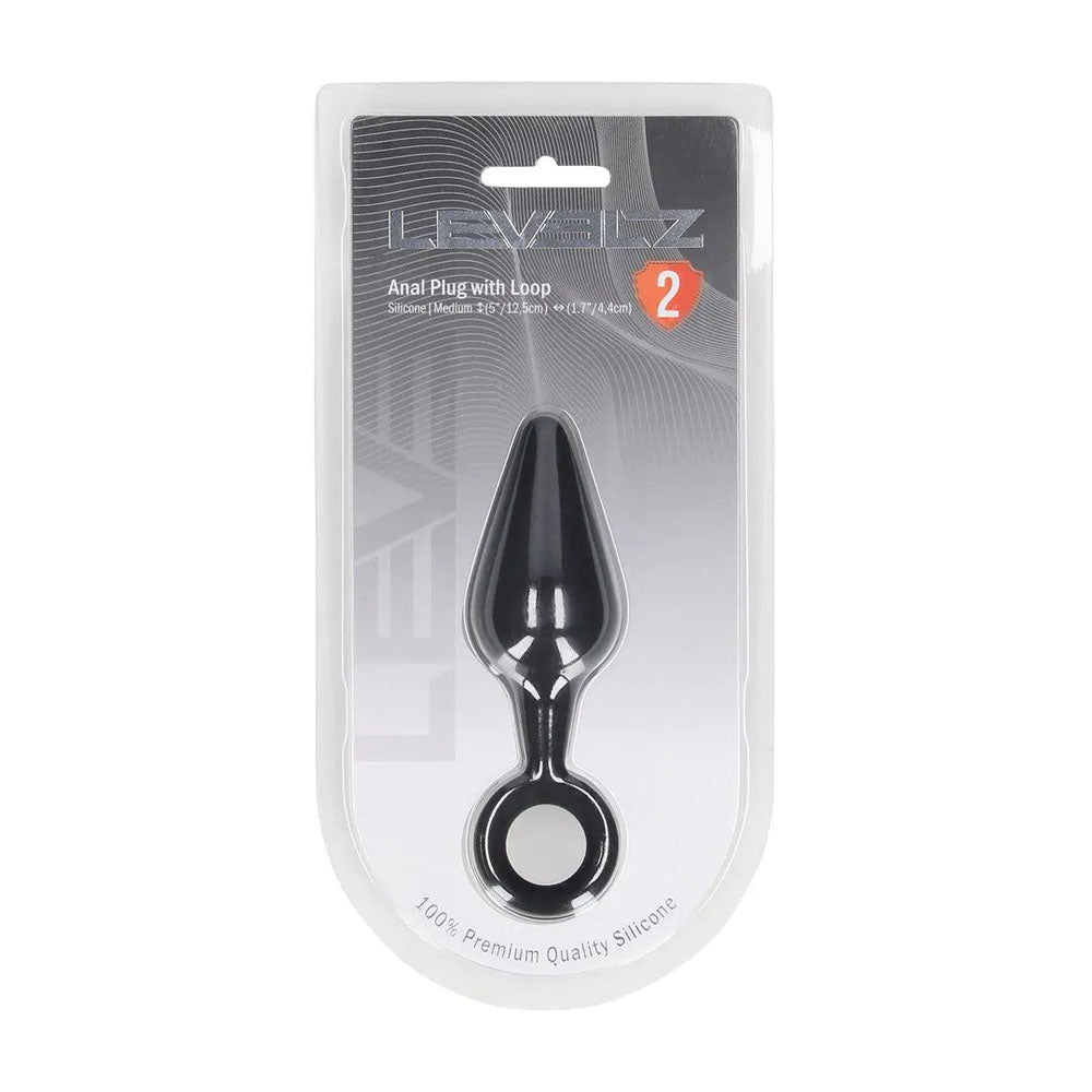 Levelz Silicone Anal Plug With Loop Medium Black Butt Plug - ANAL TOYS