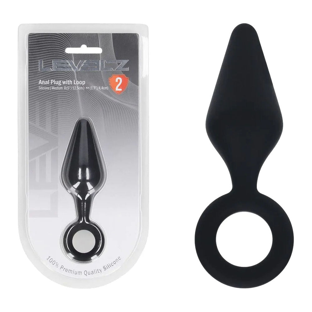 Levelz Silicone Anal Plug With Loop Medium Black Butt Plug - ANAL TOYS
