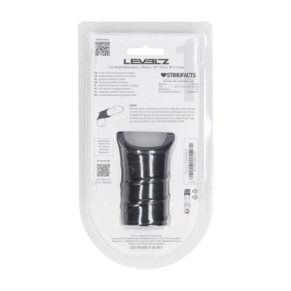 Levelz Silicone Cock Ring With Ribbed Sleeve Black - COCK RINGS