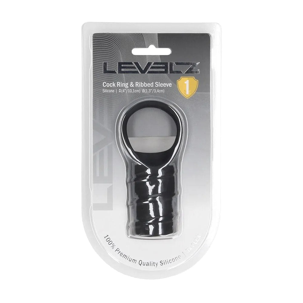 Levelz Silicone Cock Ring With Ribbed Sleeve Black - COCK RINGS