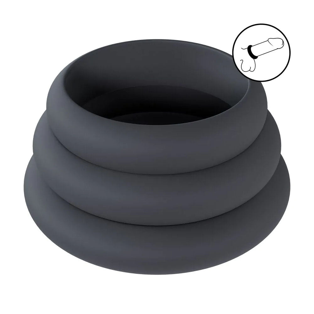 LEVELZ Wide O Silicone Cock Ring Set Of 3 Sizes L XL 2X Black - COCK RINGS