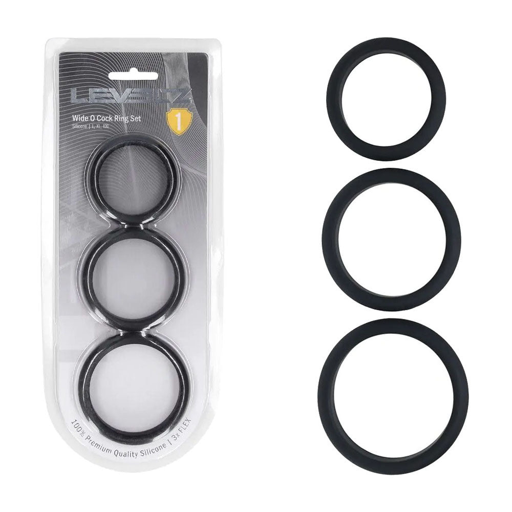 LEVELZ Wide O Silicone Cock Ring Set Of 3 Sizes L XL 2X Black - COCK RINGS