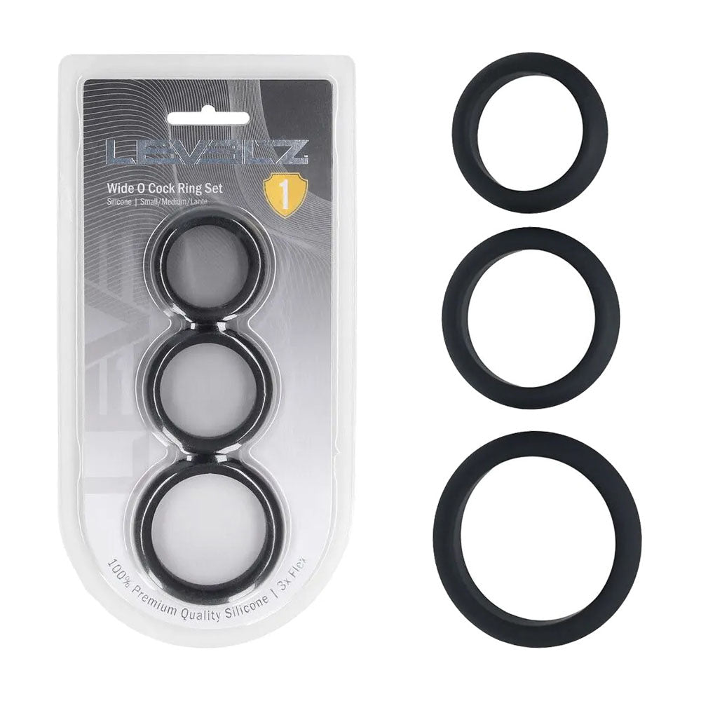LEVELZ Wide O Silicone Cock Ring Set Of Three S,M,L Black - COCK RINGS
