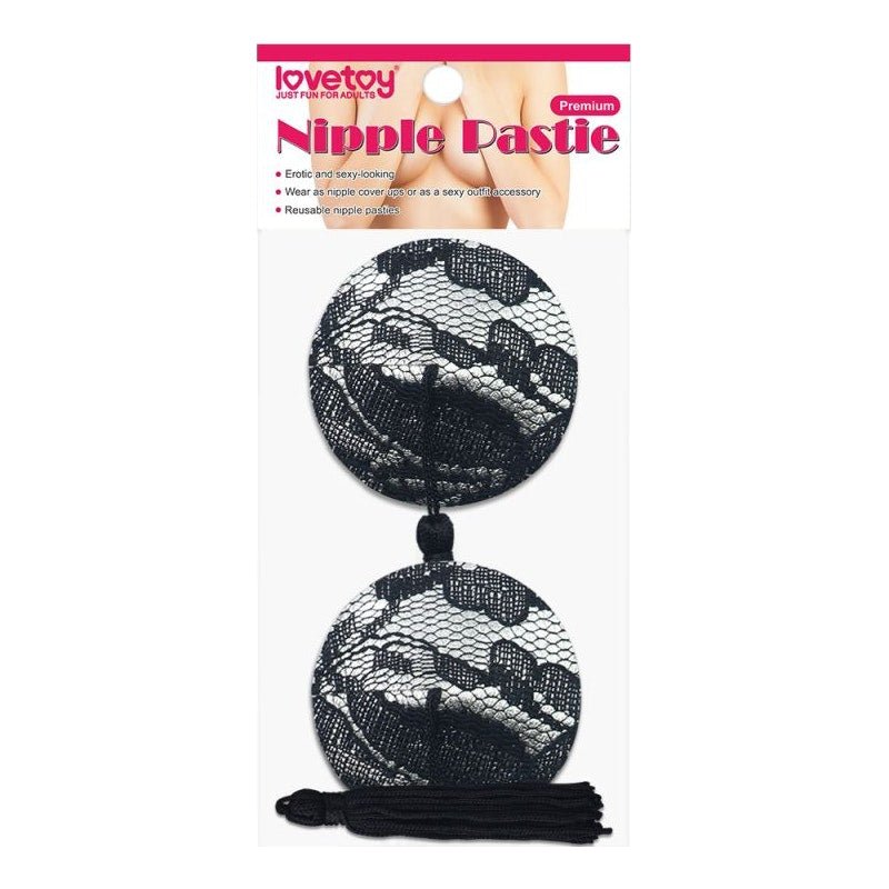 Lovetoy Reusable Black Lace Round Nipple Pasties with Tassels - Adult Toys