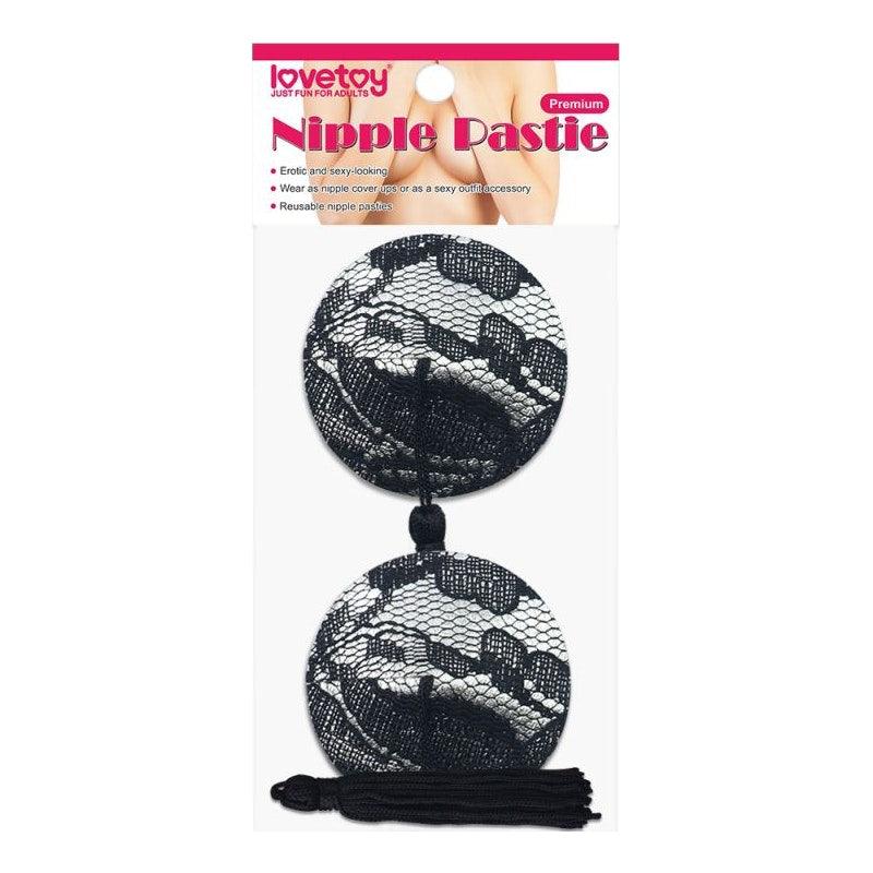 Lovetoy Reusable Black Lace Round Nipple Pasties with Tassels - Adult Toys