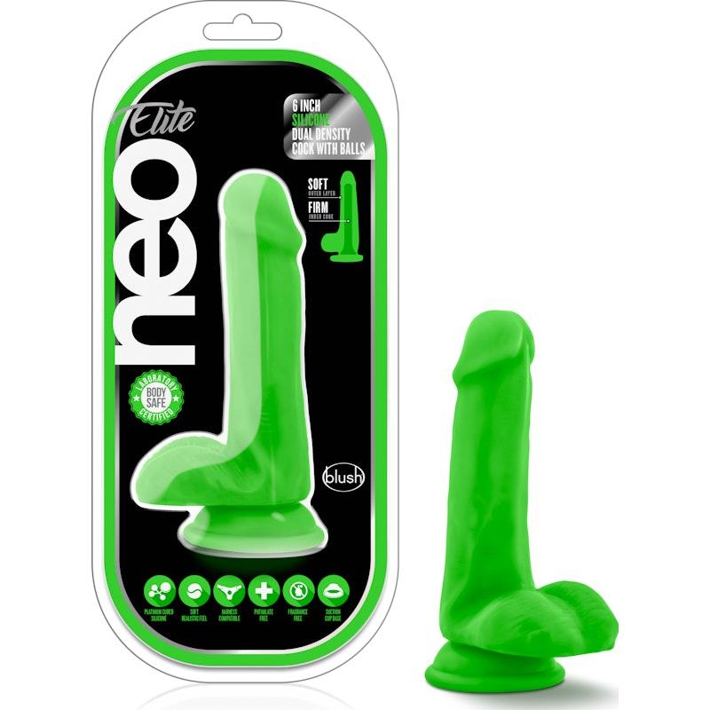 Neo Elite 6in Silicone Dual Density Cock with Balls Neon Green - Naughty by Nature Adult Store