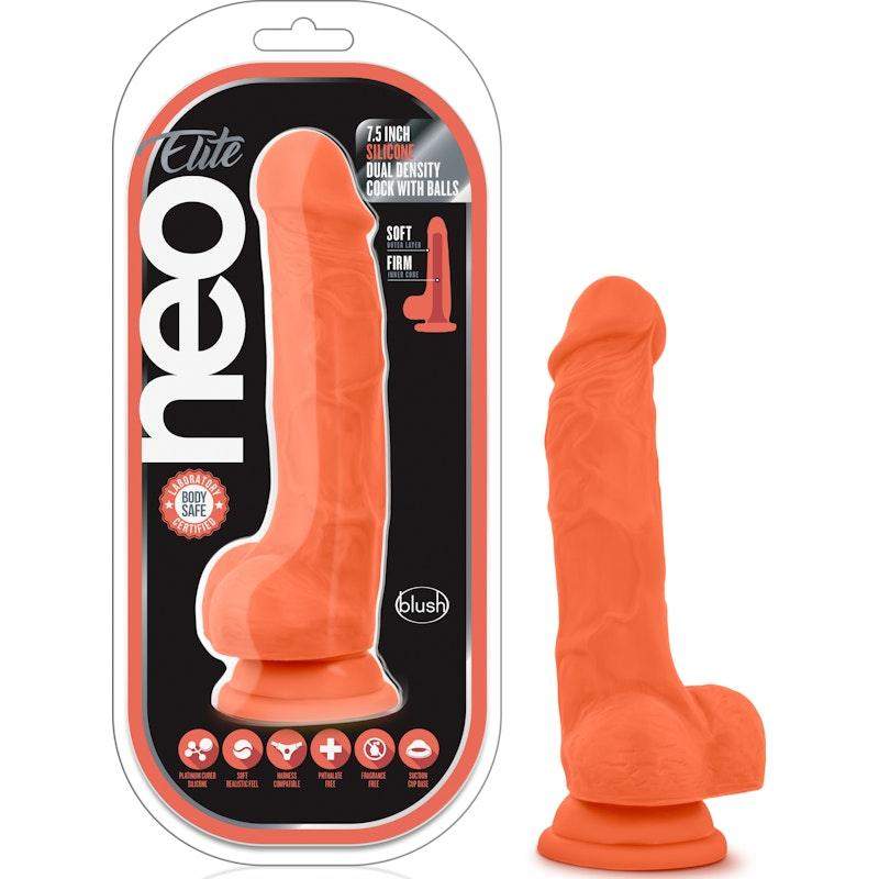 Neo Elite 7.5in Silicone Dual Density Cock with Balls Neon Orange - Naughty by Nature Adult Store