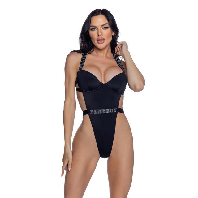 PlayBoy Black High - Leg 1 Pc Swimsuit with Rhinestone Logo - Lingerie - Naughty by Nature Adult Store