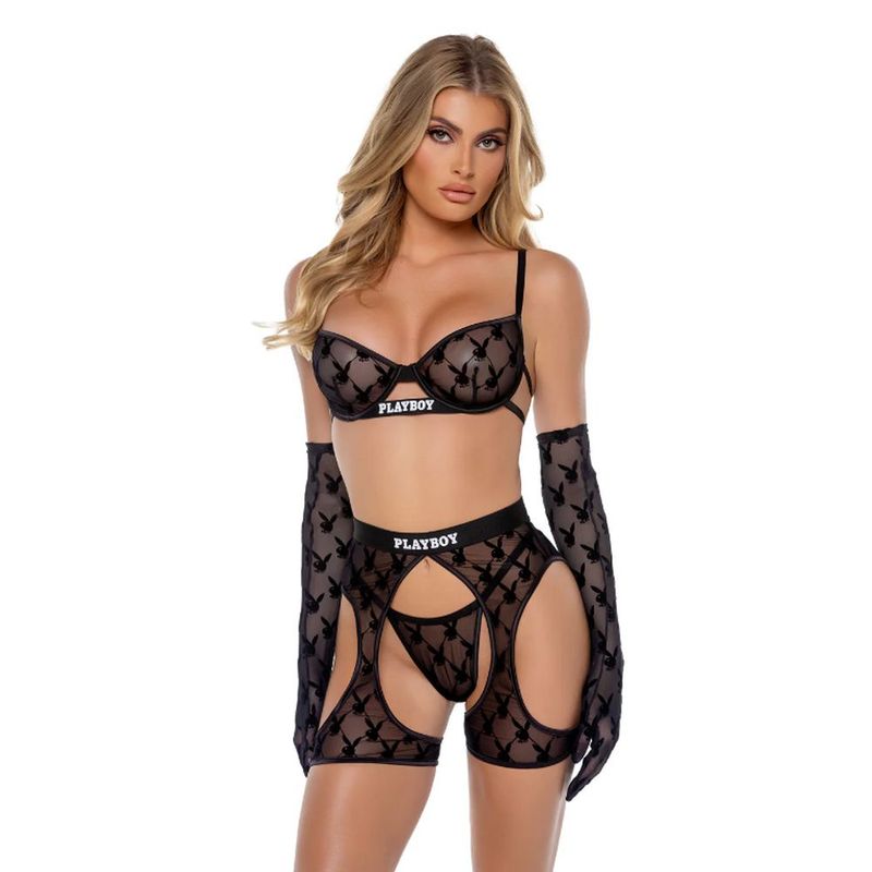 Playboy Flocked Bunny Chaps 3 Pc Set Black - Lingerie