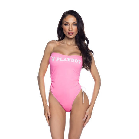 PlayBoy Pink 1 Pc Swimsuit with Ruched Side Ties & Removable Clear Straps - Lingerie