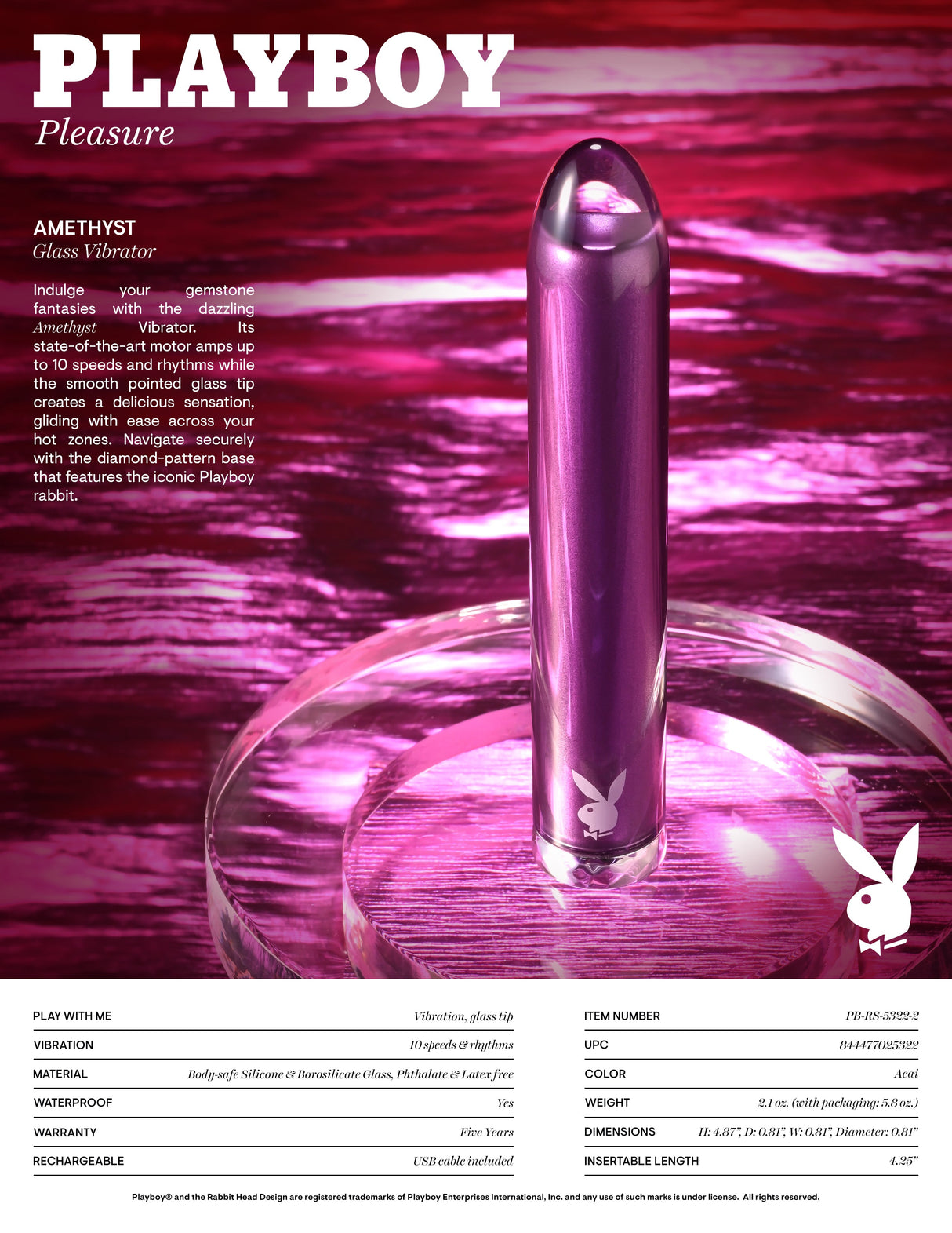 Playboy Pleasure AMETHYST - Glass Tipped Mini Vibrator - BULLETS & EGGS