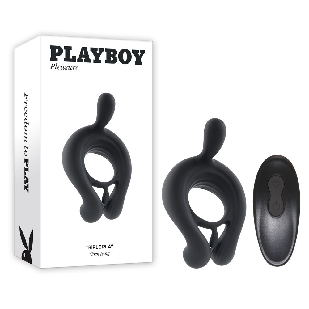 Playboy Pleasure TRIPLE PLAY - Black USB Rechargeable Cock Ring with Wireless Remote - COCK RINGS
