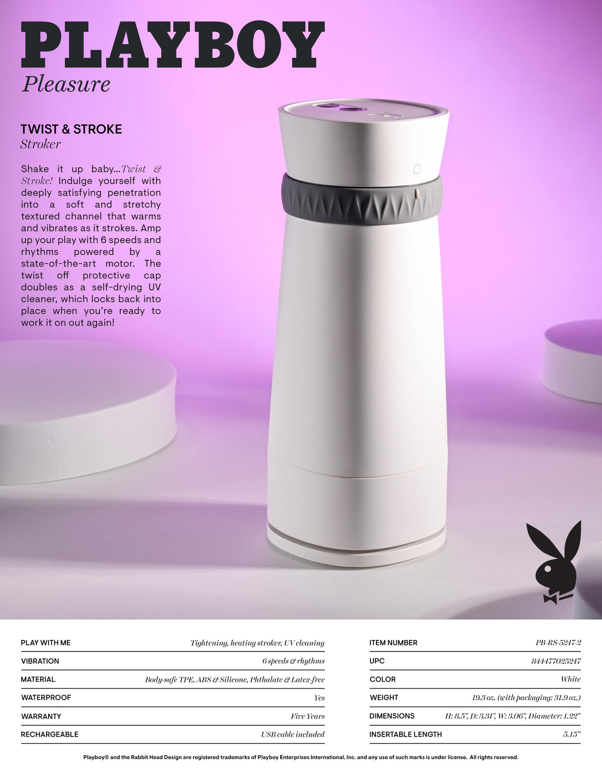 Playboy Pleasure TWIST & STROKE - Heating Stroker with UV Cleaning - MASTURBATORS