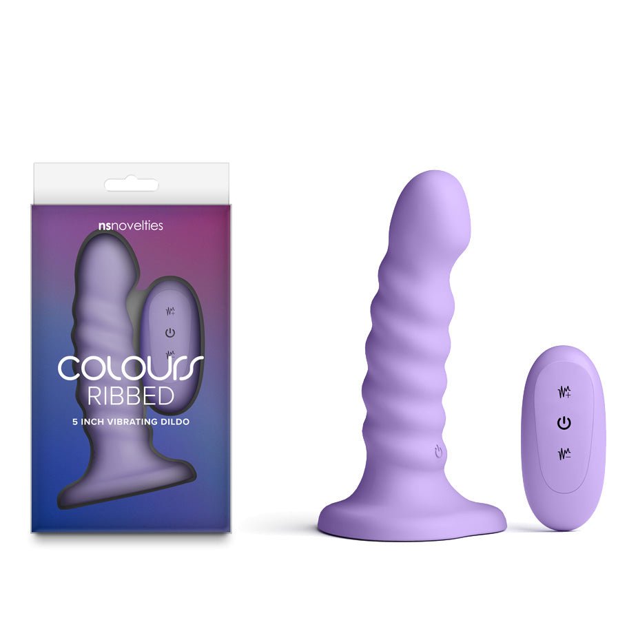 Purple Ribbed 5 Inch Vibrating Dildo USB Rechargeable With Wireless Remote - DONGS