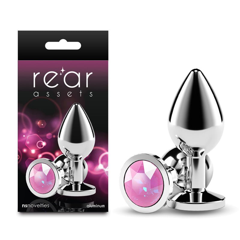 Rear Assets Silver Medium Pink Gem Metal Butt Plug With Pink Gem Base - ANAL TOYS
