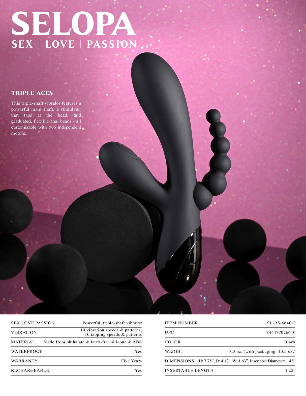 Selopa Triple Aces Black 19.7 cm Triple Stimulator Vibrator - VIBRATORS