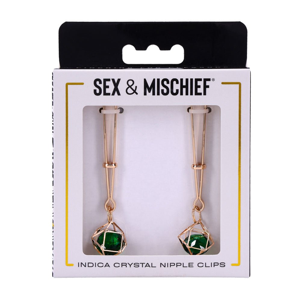Sex And Mischief Indica Crystal Nipple Clips Gold With Emerald Gems - BONDAGE - TOYS