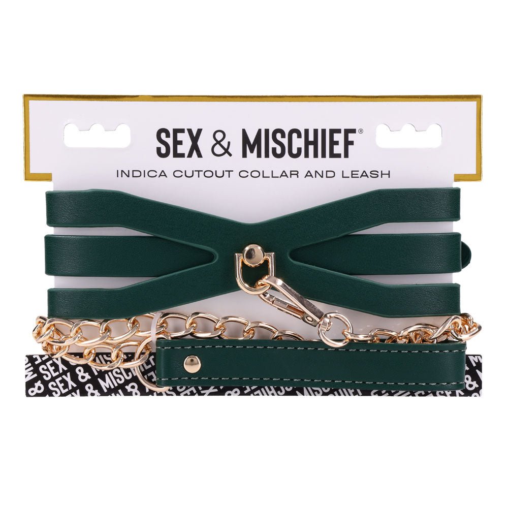 Sex And Mischief Indica Cutout Collar And Leash Green And Gold Restraint - BONDAGE - TOYS