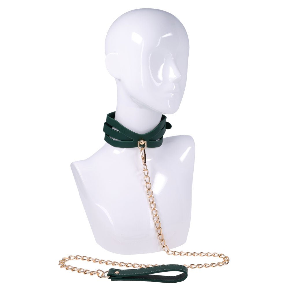 Sex And Mischief Indica Cutout Collar And Leash Green And Gold Restraint - BONDAGE - TOYS